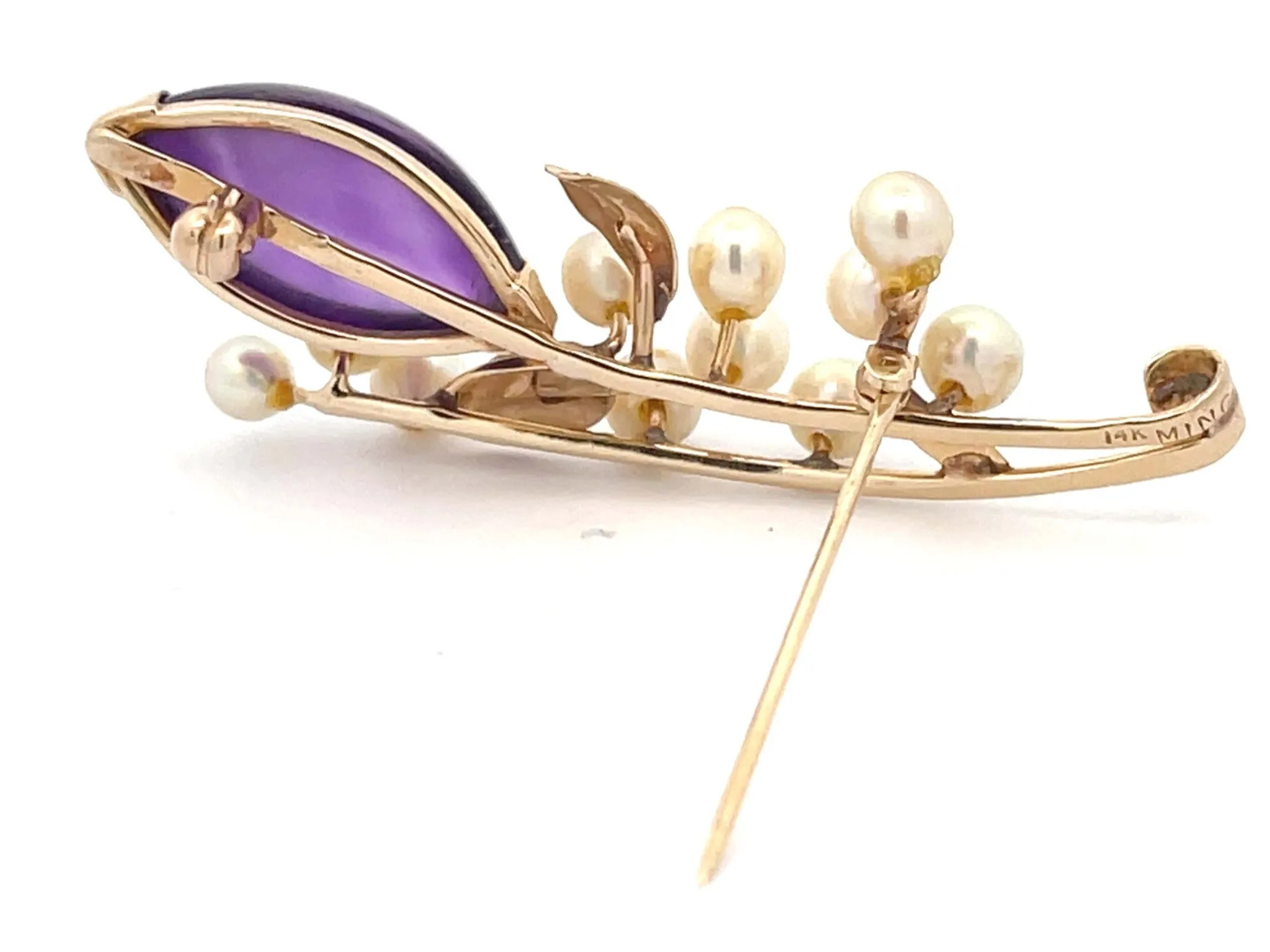 Mings Purple Amethyst and Akoya Pearl Brooch in 14k Yellow Gold