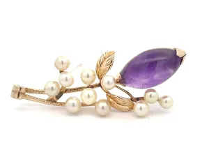 Mings Purple Amethyst and Akoya Pearl Brooch in 14k Yellow Gold