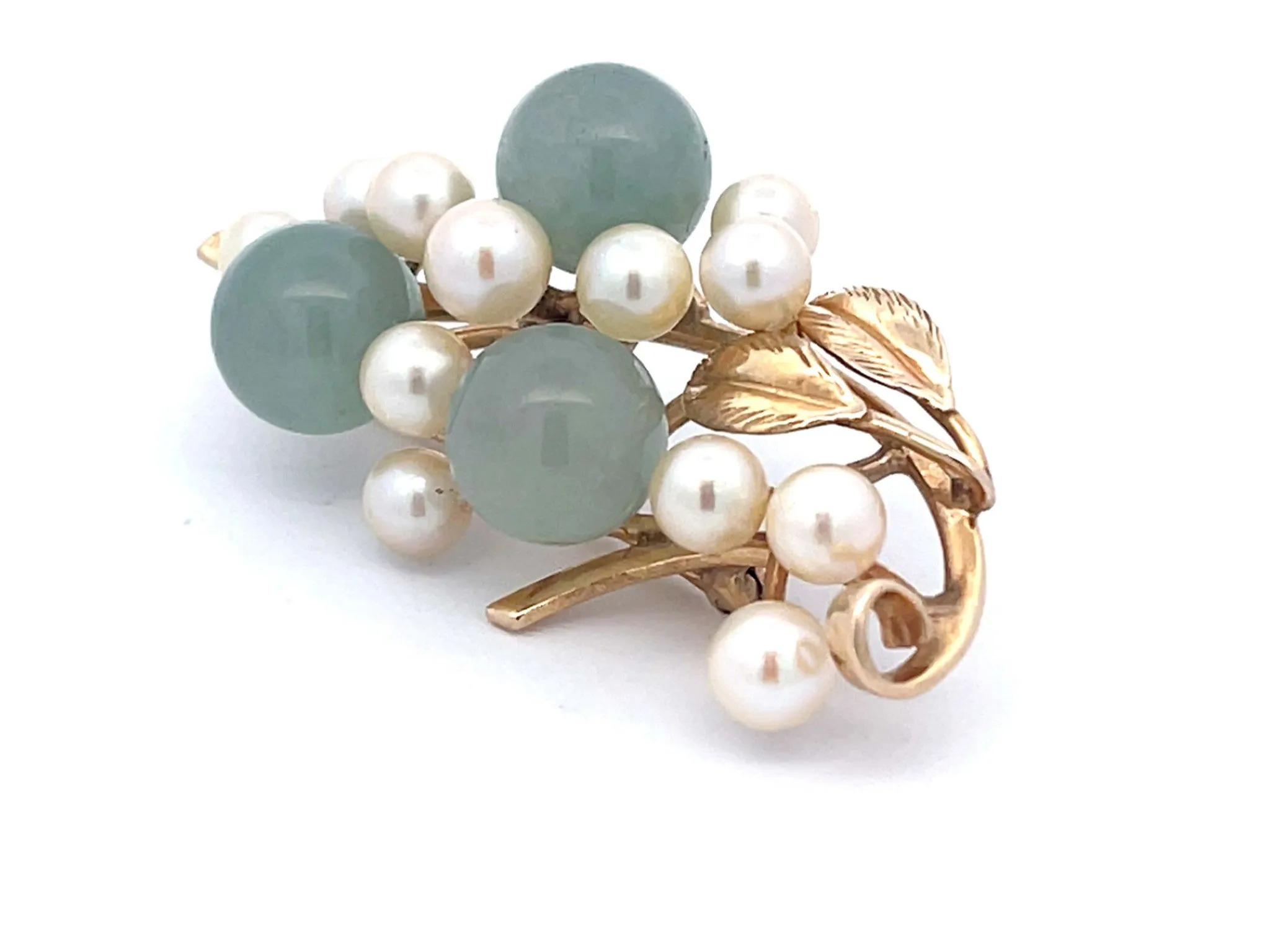 Mings Round Jade Leaf and Pearl Brooch in 14k Yellow Gold
