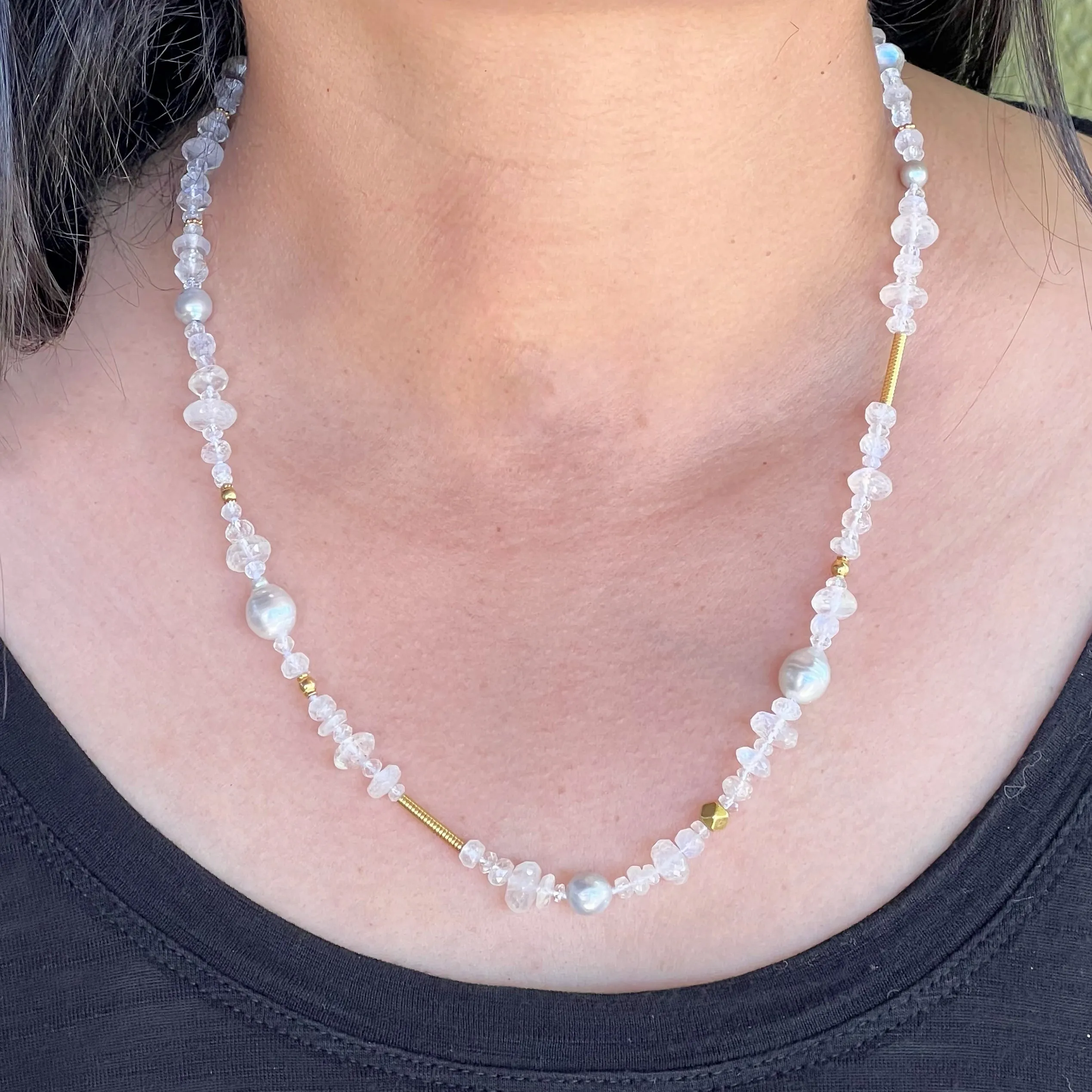 Moonstones South Sea Pearls and Bright Gold Accent Necklace