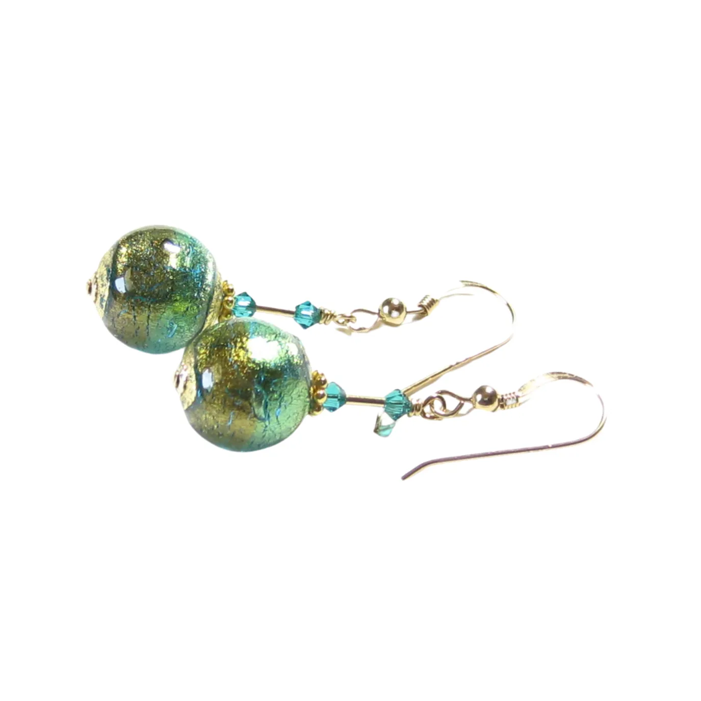 Murano Glass Aqua Olive Green Gold Earrings, Dangle Clip Earrings