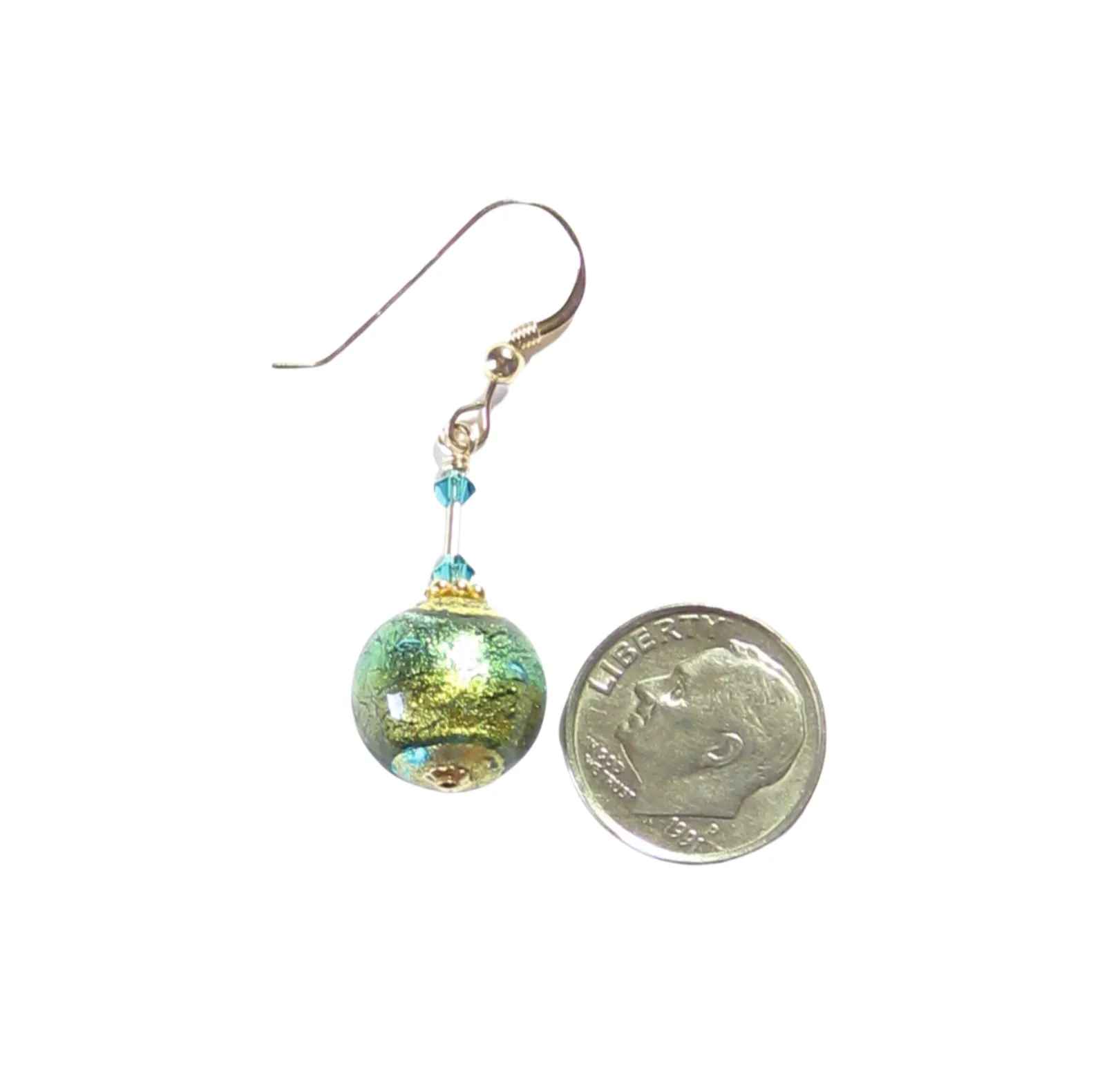 Murano Glass Aqua Olive Green Gold Earrings, Dangle Clip Earrings