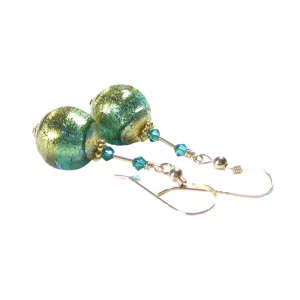 Murano Glass Aqua Olive Green Gold Earrings, Dangle Clip Earrings