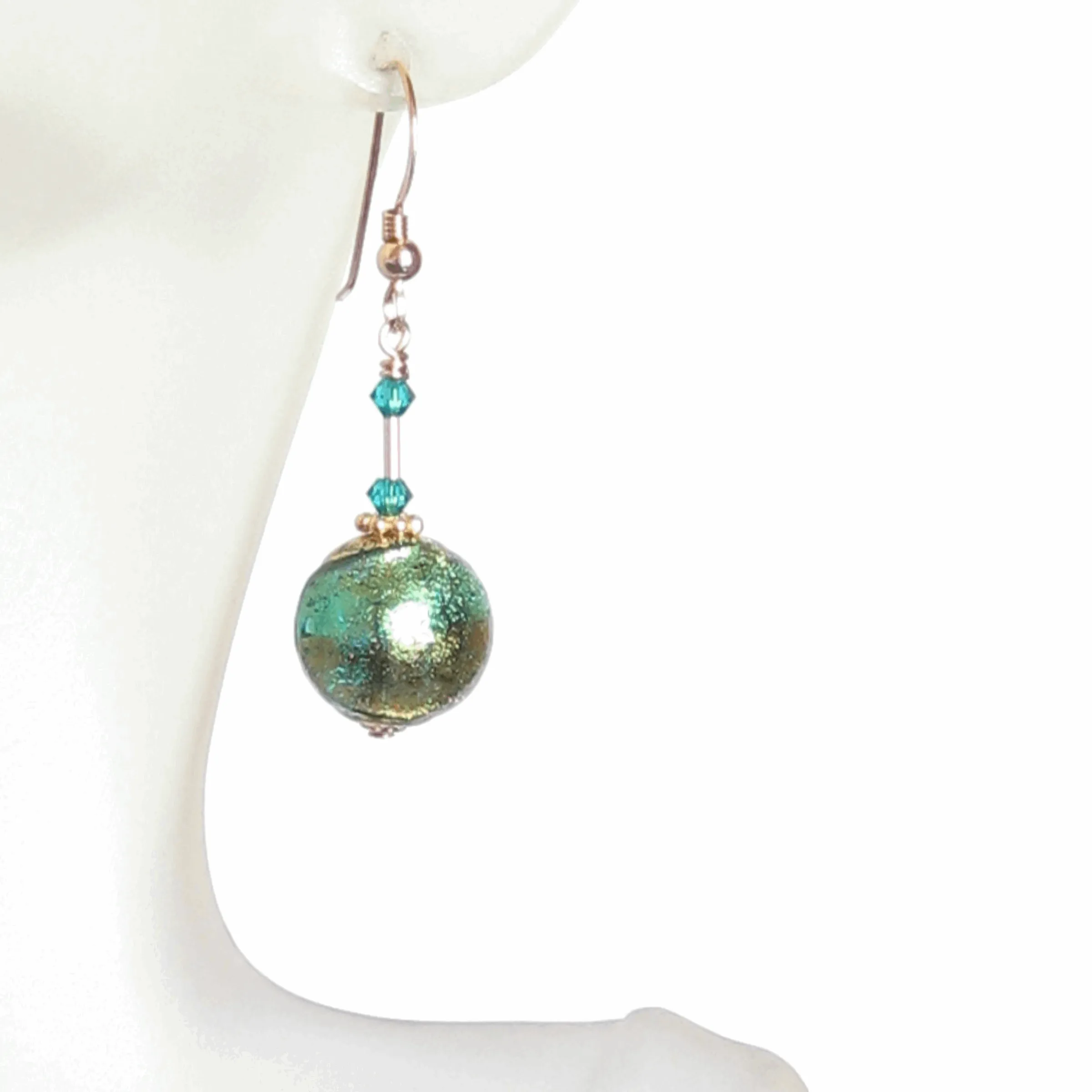 Murano Glass Aqua Olive Green Gold Earrings, Dangle Clip Earrings