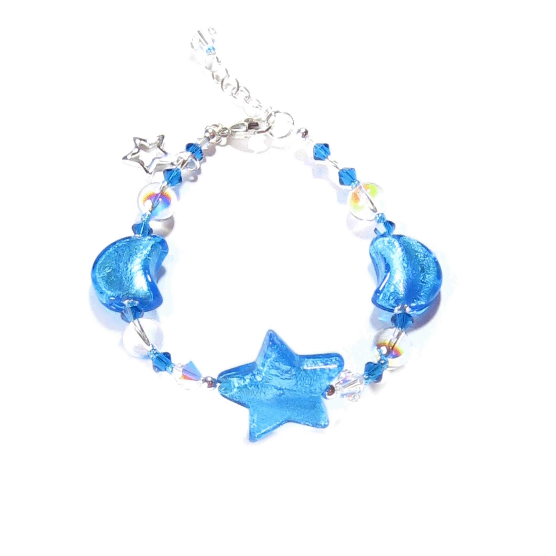Murano Glass Aqua Star Moon Silver Adjustable Beaded Bracelet