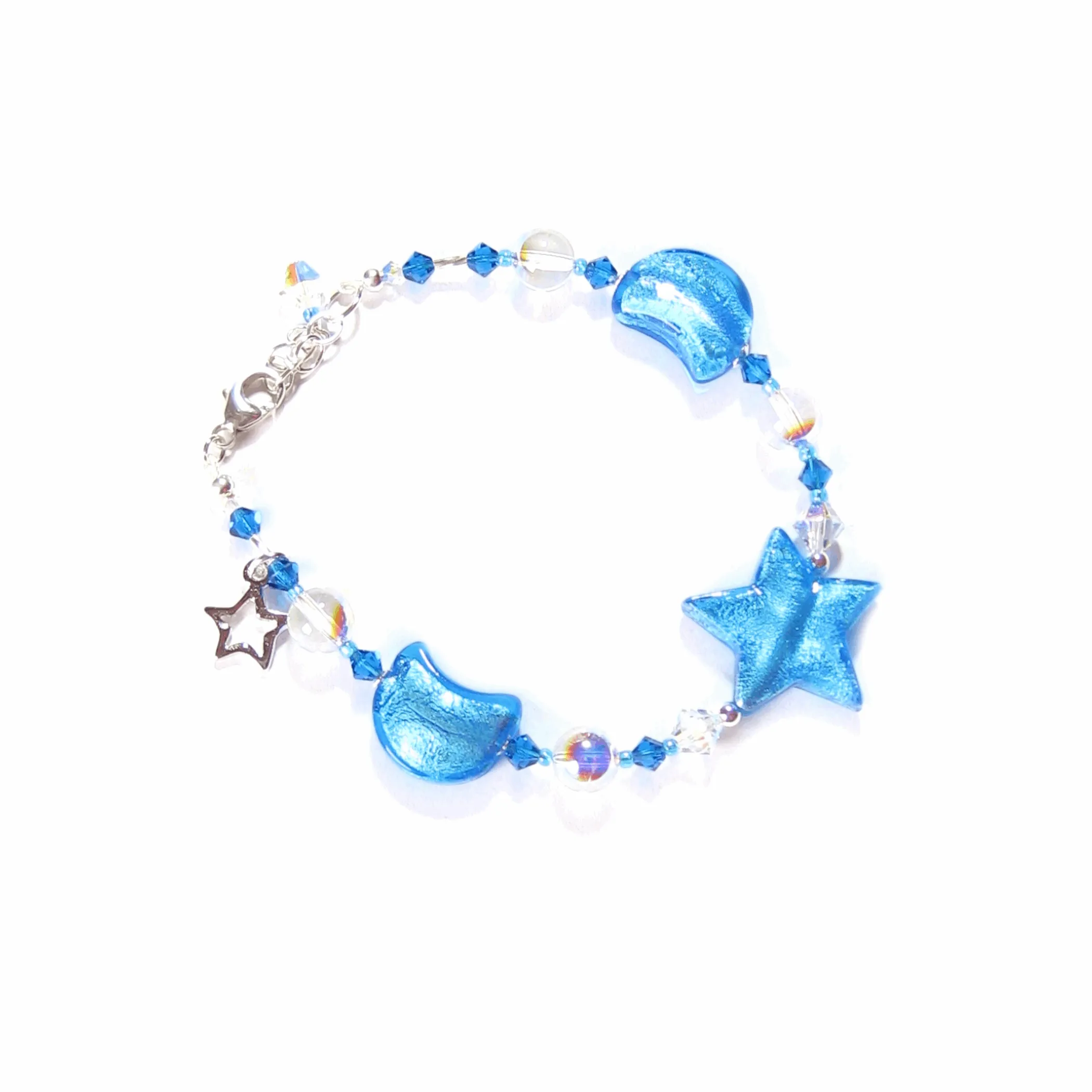 Murano Glass Aqua Star Moon Silver Adjustable Beaded Bracelet