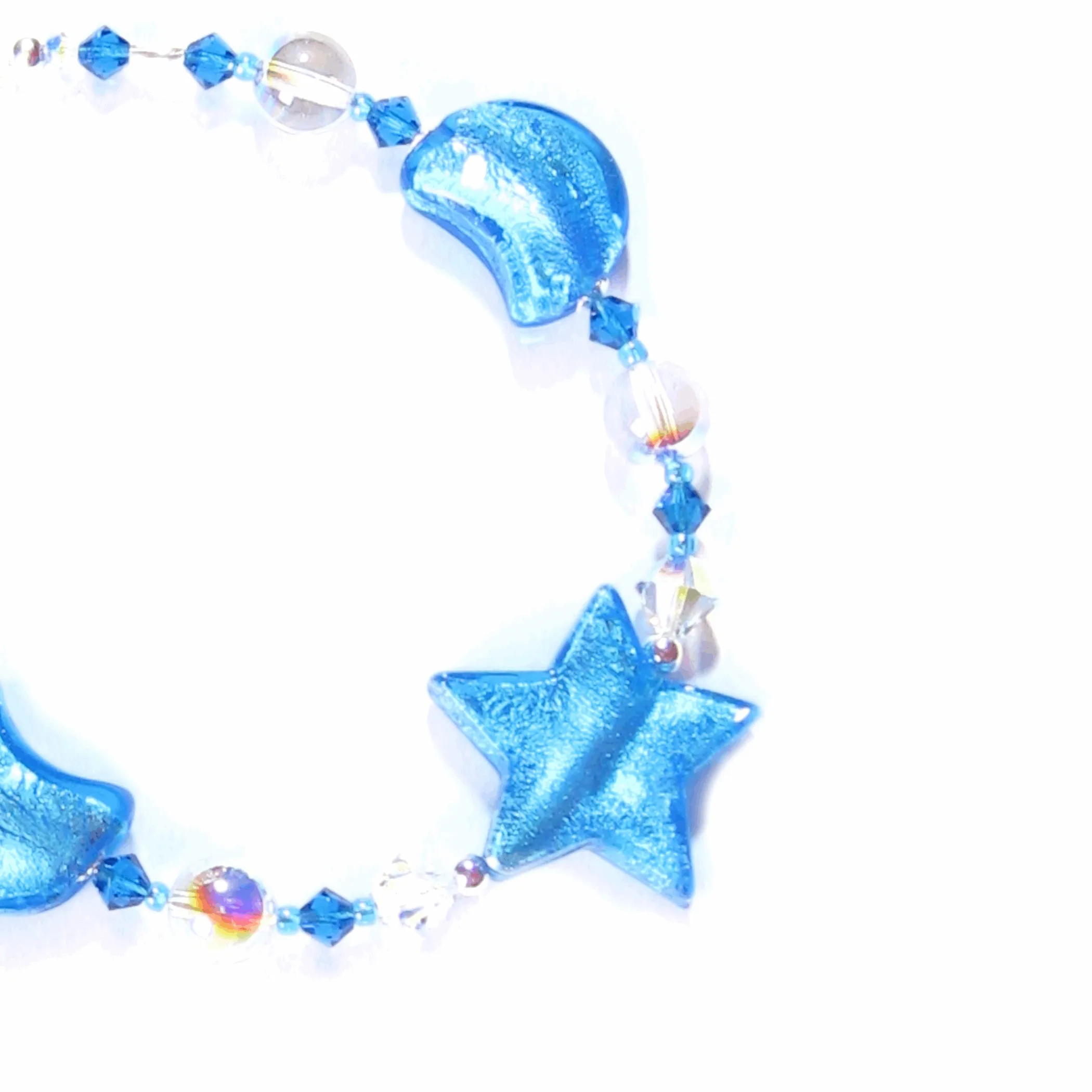 Murano Glass Aqua Star Moon Silver Adjustable Beaded Bracelet
