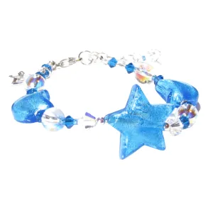 Murano Glass Aqua Star Moon Silver Adjustable Beaded Bracelet
