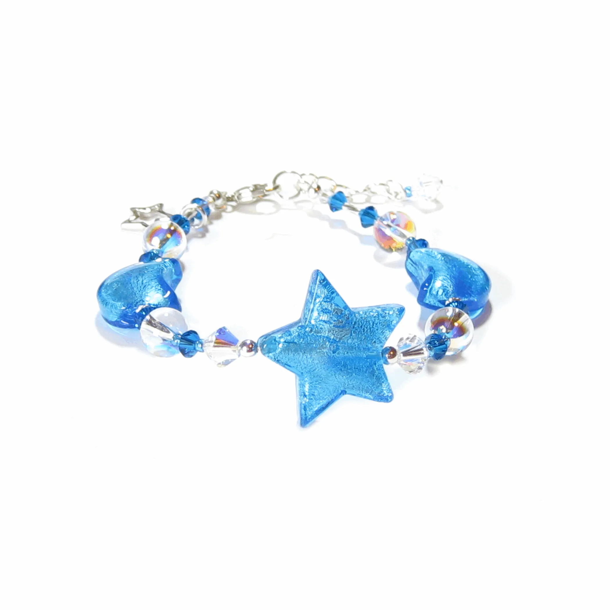Murano Glass Aqua Star Moon Silver Adjustable Beaded Bracelet