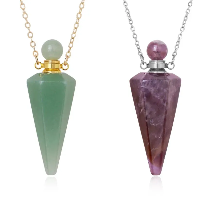 Natural Crystal Cone Pendulum Essentials Oil/ Perfume Bottle Necklace