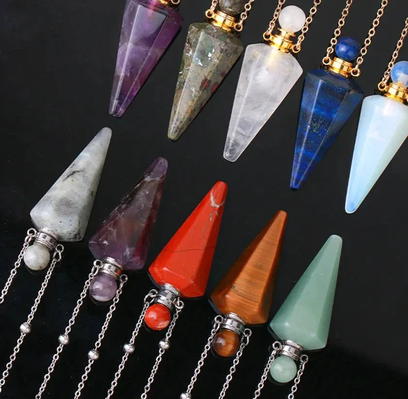 Natural Crystal Cone Pendulum Essentials Oil/ Perfume Bottle Necklace