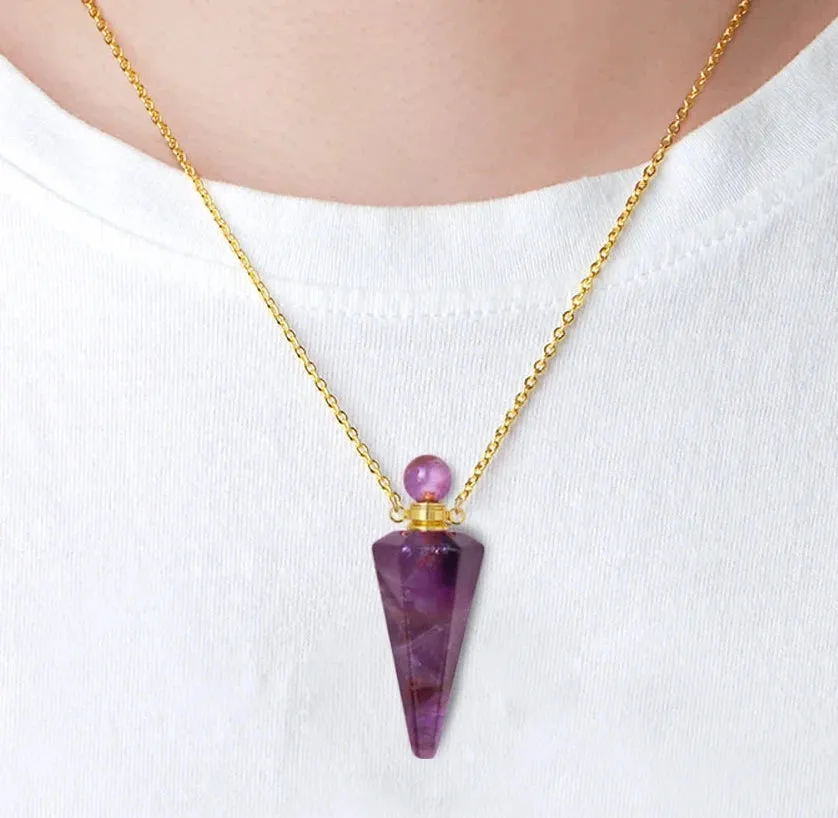Natural Crystal Cone Pendulum Essentials Oil/ Perfume Bottle Necklace