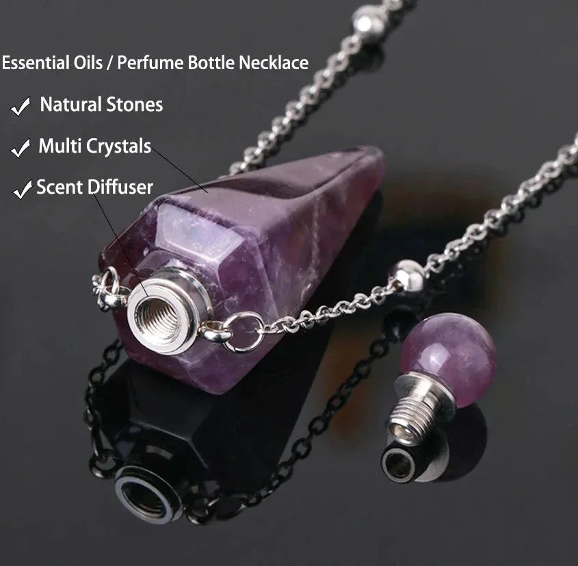 Natural Crystal Cone Pendulum Essentials Oil/ Perfume Bottle Necklace