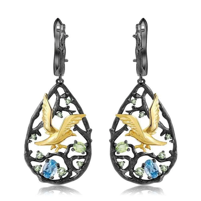 Natural Swiss Blue Topaz Gemstones Handmade Bird on the Tree Drop Earrings
