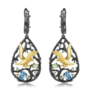 Natural Swiss Blue Topaz Gemstones Handmade Bird on the Tree Drop Earrings