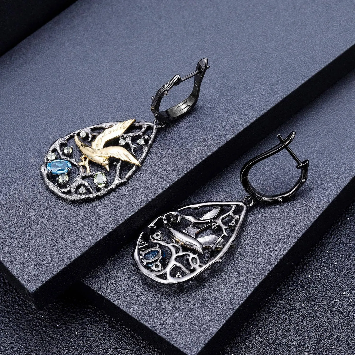 Natural Swiss Blue Topaz Gemstones Handmade Bird on the Tree Drop Earrings