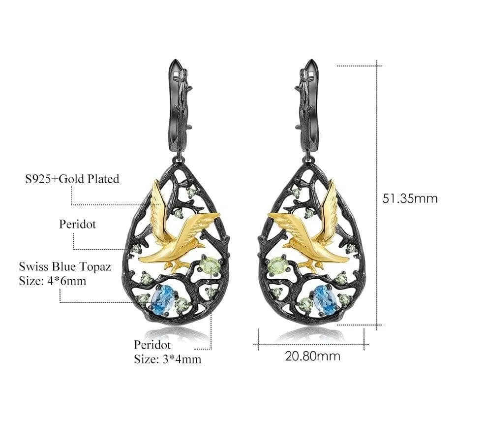 Natural Swiss Blue Topaz Gemstones Handmade Bird on the Tree Drop Earrings