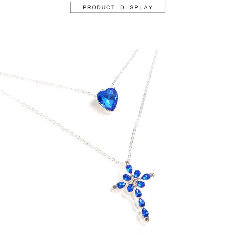 New Blue Crystal Heart Cross Pendant