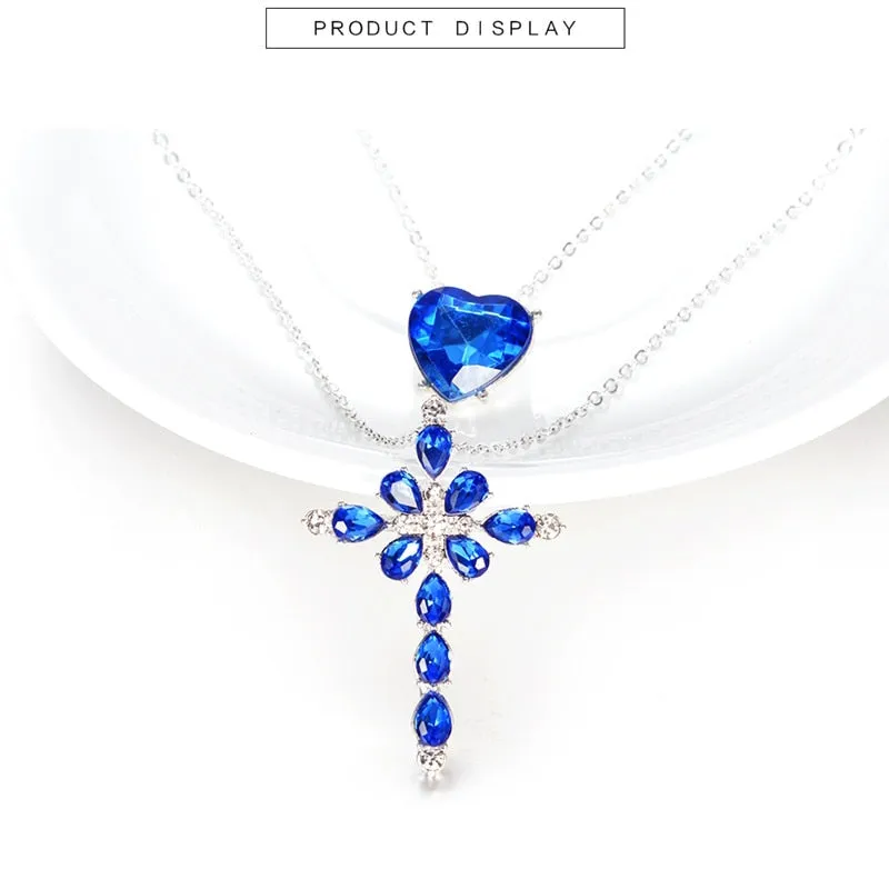 New Blue Crystal Heart Cross Pendant