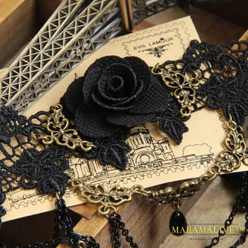 New Collares Sexy Gothic Chokers Crystal Black  Rose Lace Neck Choker Necklace Vintage Victorian Women Choker Steampunk Jewelry