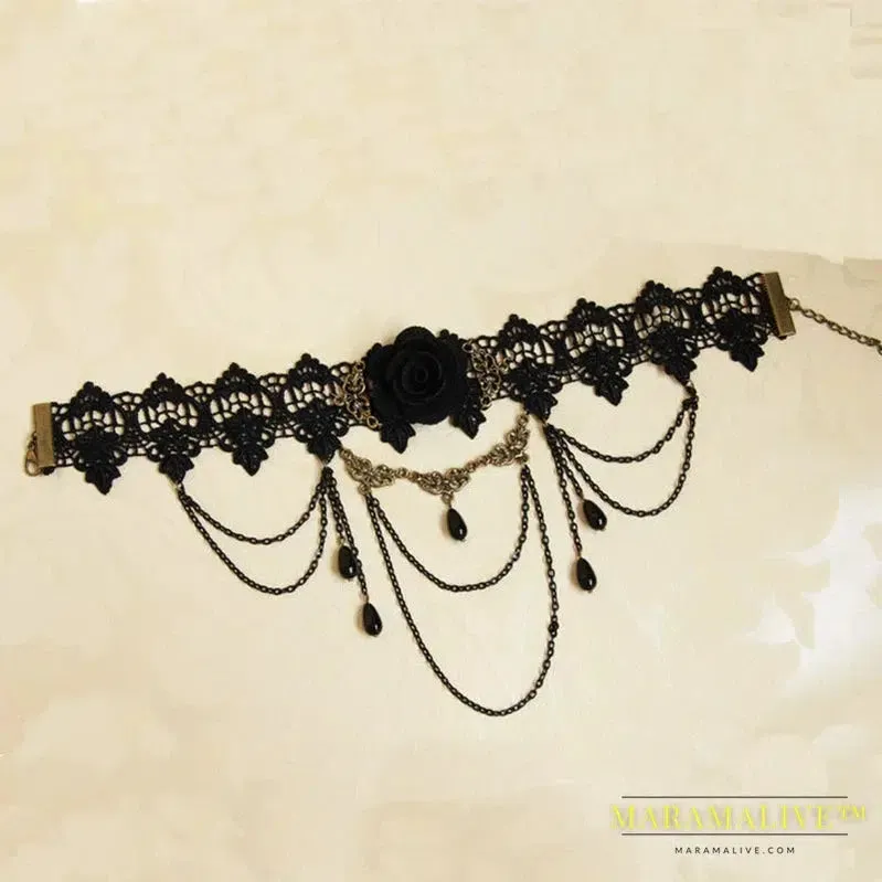 New Collares Sexy Gothic Chokers Crystal Black  Rose Lace Neck Choker Necklace Vintage Victorian Women Choker Steampunk Jewelry
