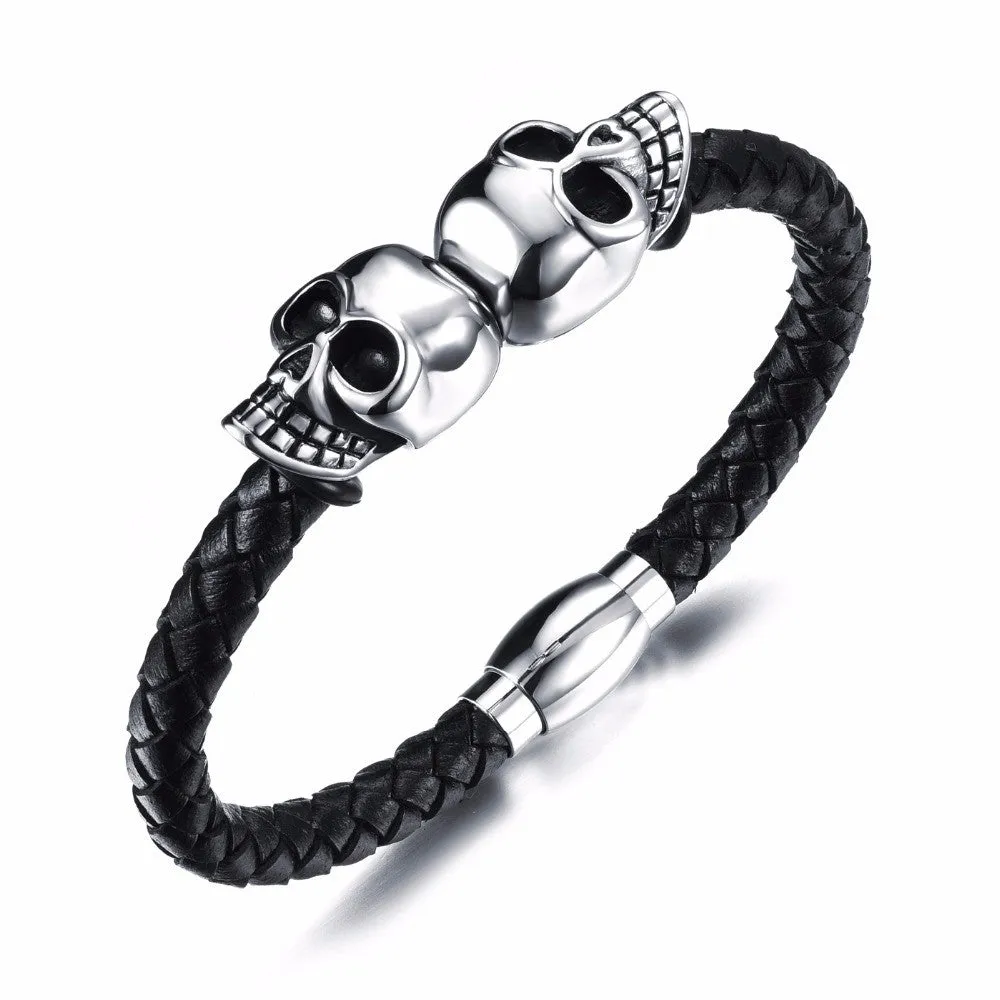 New Fashion Jewelry Man Accessories Handmade Cowide Leather Stainless Steel Skull Adornment Bangles Rock Punk Bracelet