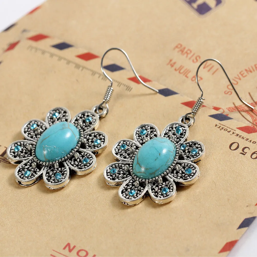 New Fashion Simple Geometric flower blue gem Bohemia Retro big Turquoise earrings for women flower long earring