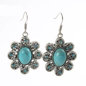 New Fashion Simple Geometric flower blue gem Bohemia Retro big Turquoise earrings for women flower long earring