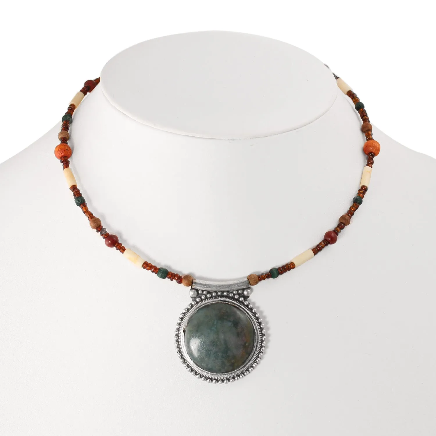 OLIVE GREEN ROUND SILVER PENDANT MULTICOLOR BEADS  NECKLACE #FW-N25509 (XC20)