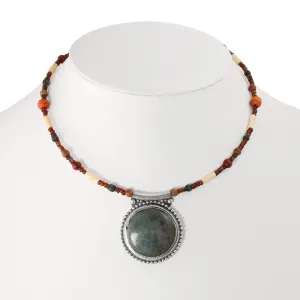 OLIVE GREEN ROUND SILVER PENDANT MULTICOLOR BEADS  NECKLACE #FW-N25509 (XC20)