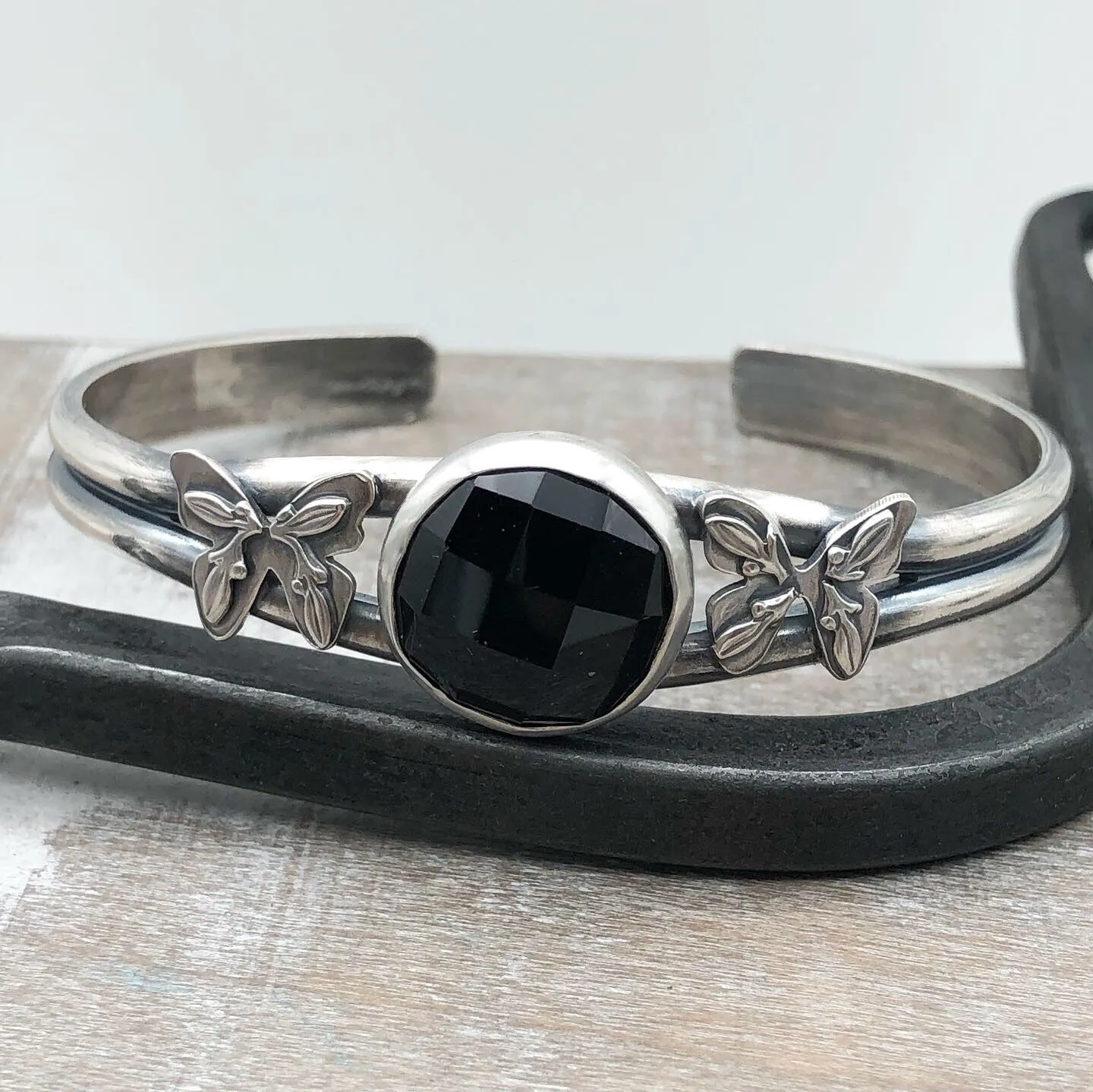 Onyx sterling silver butterfly cuff bracelet