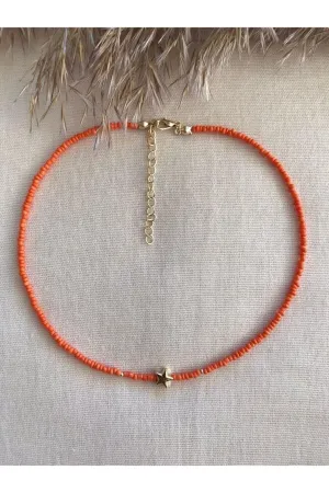 Orange Beaded Star Pendant Necklace