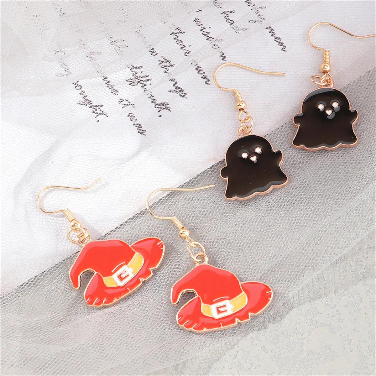 Orange Enamel & 18K Gold-Plated Witch Hat Ghost Drop Earrings Set
