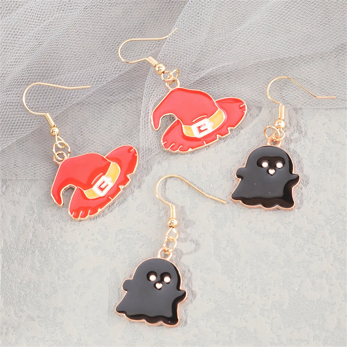 Orange Enamel & 18K Gold-Plated Witch Hat Ghost Drop Earrings Set