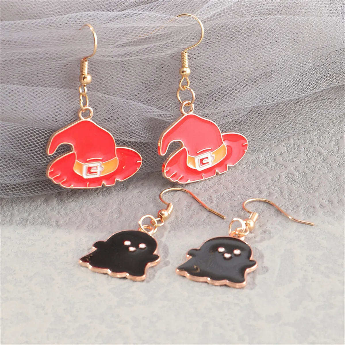 Orange Enamel & 18K Gold-Plated Witch Hat Ghost Drop Earrings Set