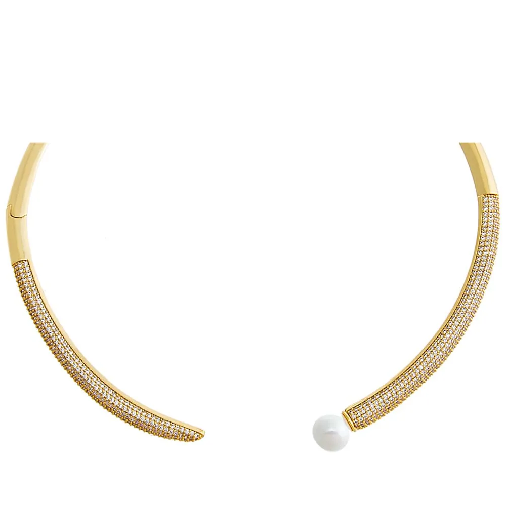 Pave X Pearl Open Collar Choker Necklace