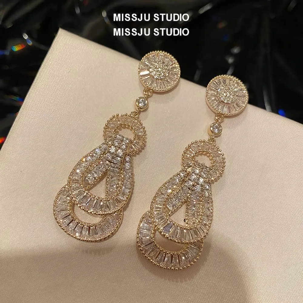 Paved Crystal Baroque Shape Dangle Gold Earrings