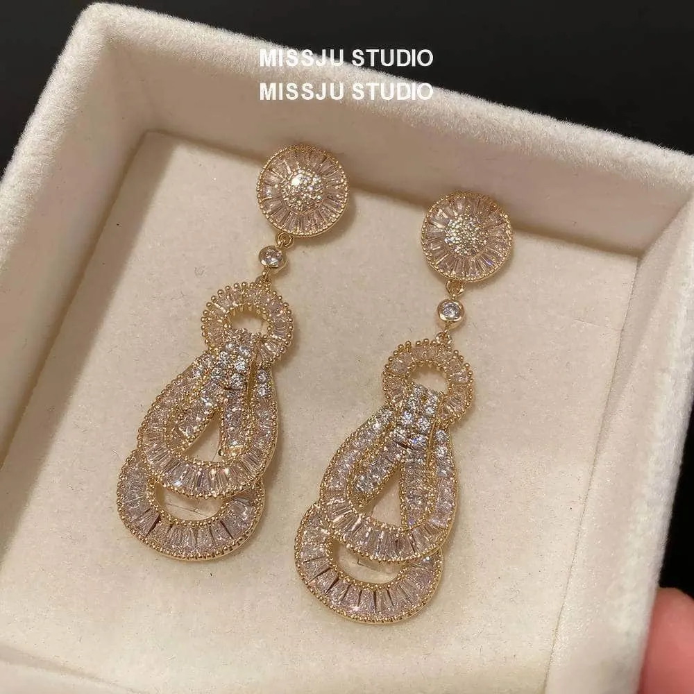 Paved Crystal Baroque Shape Dangle Gold Earrings