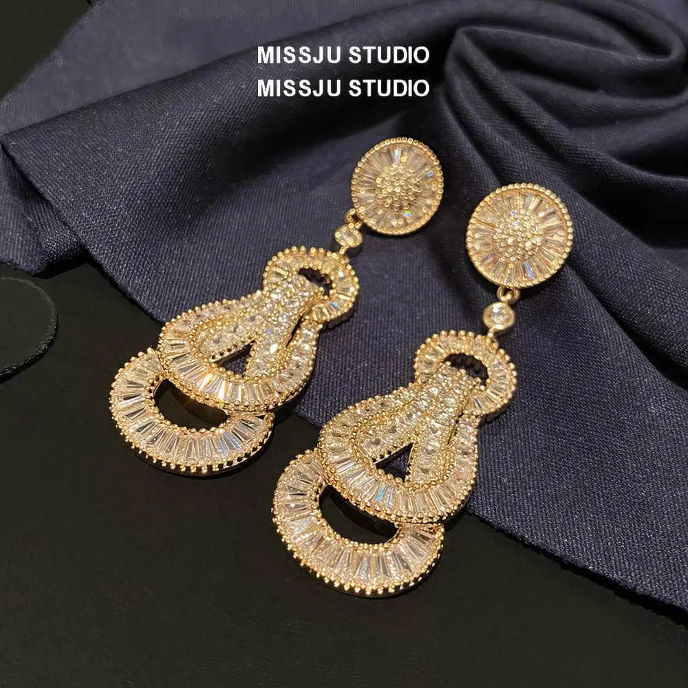 Paved Crystal Baroque Shape Dangle Gold Earrings