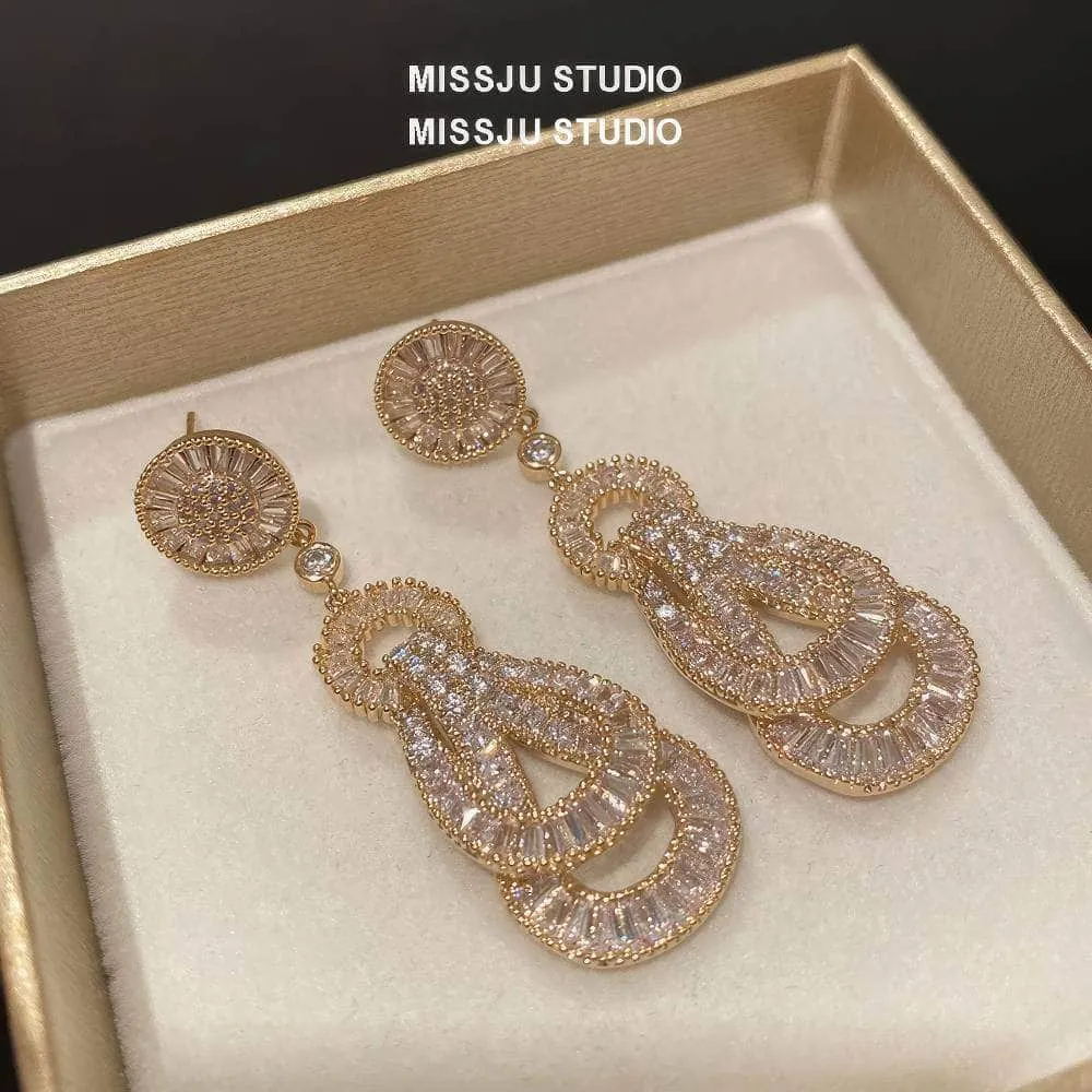 Paved Crystal Baroque Shape Dangle Gold Earrings