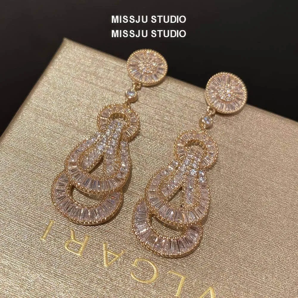 Paved Crystal Baroque Shape Dangle Gold Earrings