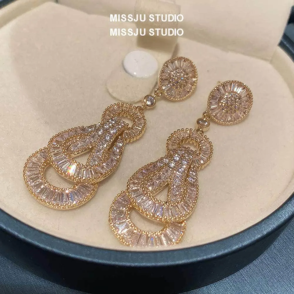 Paved Crystal Baroque Shape Dangle Gold Earrings