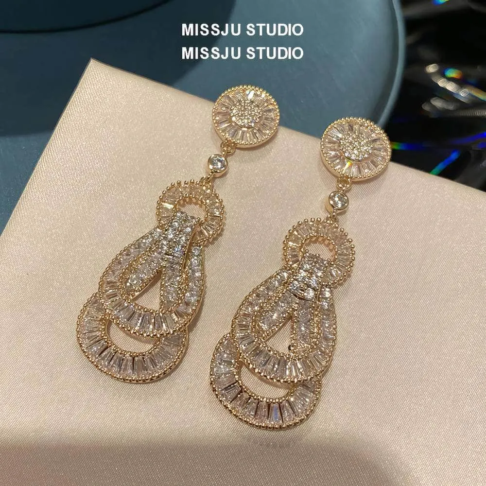 Paved Crystal Baroque Shape Dangle Gold Earrings