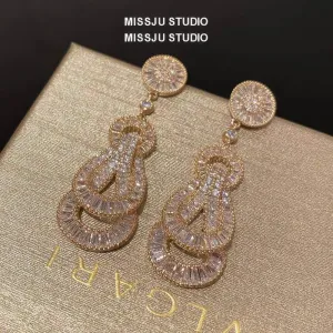 Paved Crystal Baroque Shape Dangle Gold Earrings