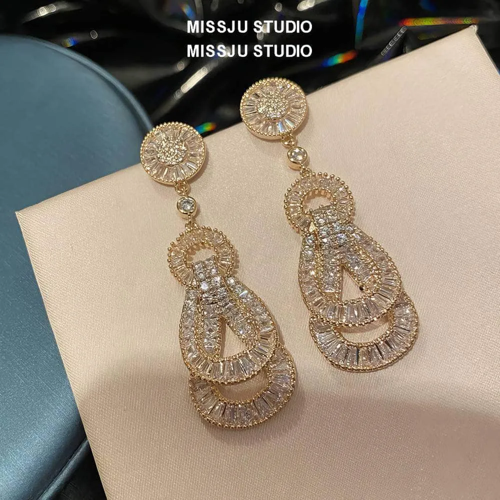 Paved Crystal Baroque Shape Dangle Gold Earrings