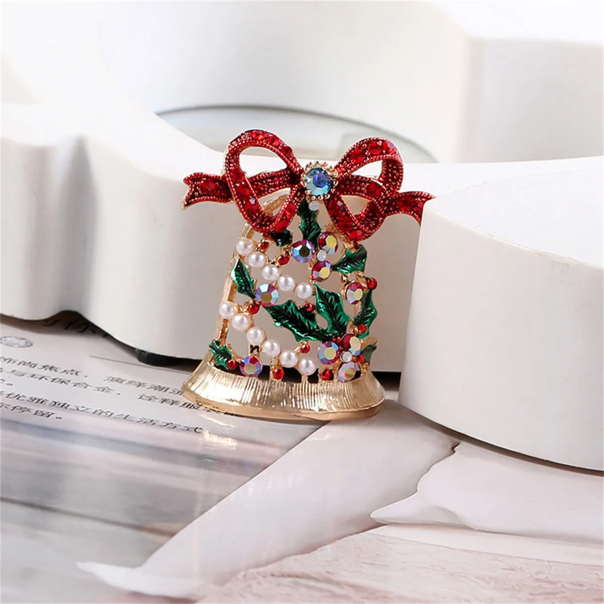 Pearl & Cubic Zirconia 18K Gold-Plated Christmas Bow Bell Brooch