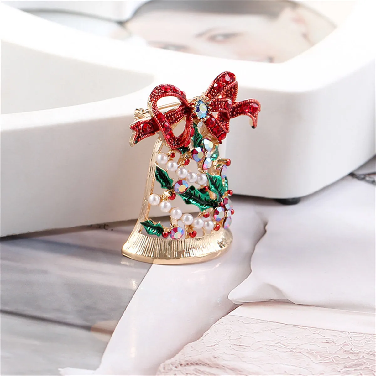 Pearl & Cubic Zirconia 18K Gold-Plated Christmas Bow Bell Brooch