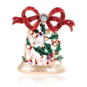 Pearl & Cubic Zirconia 18K Gold-Plated Christmas Bow Bell Brooch