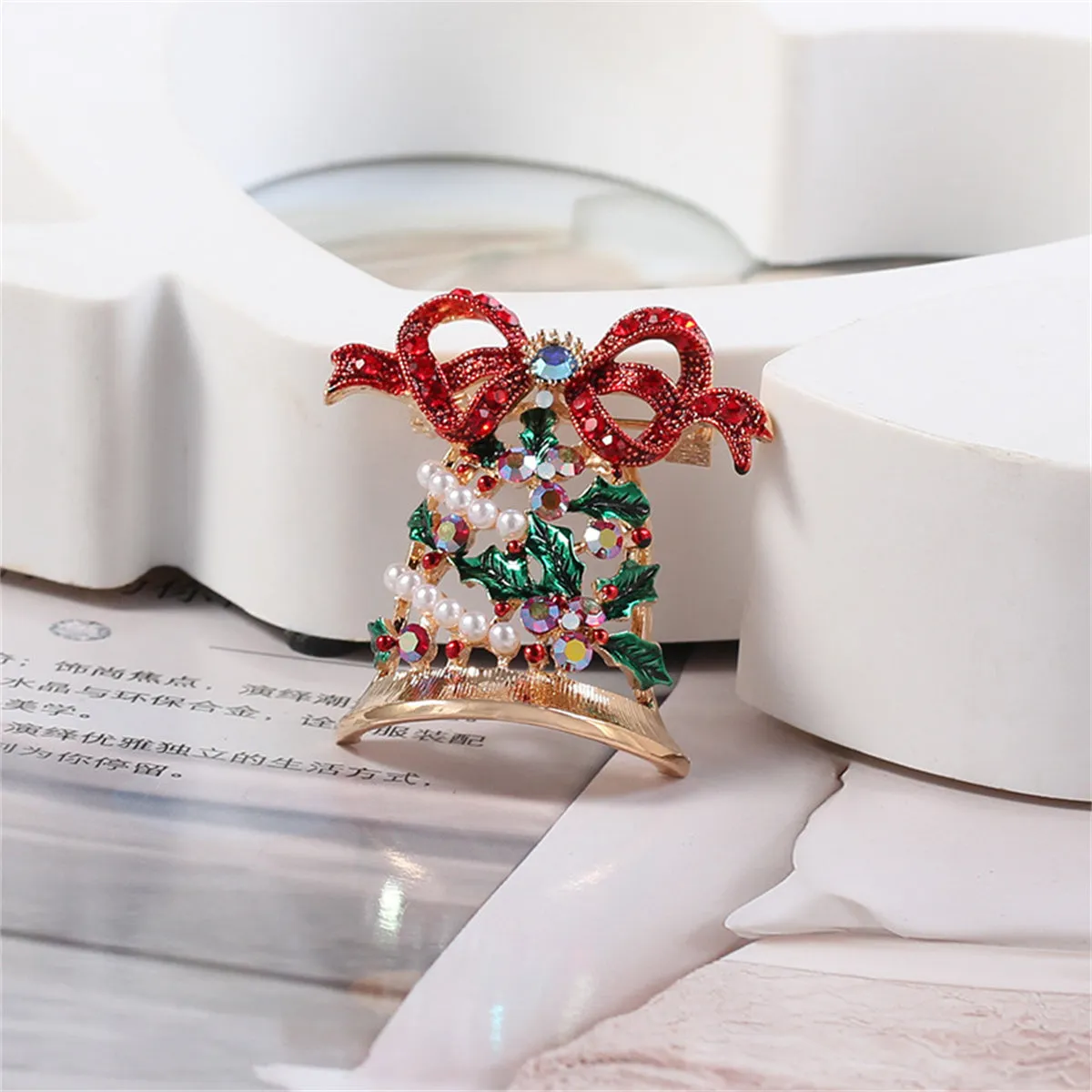 Pearl & Cubic Zirconia 18K Gold-Plated Christmas Bow Bell Brooch
