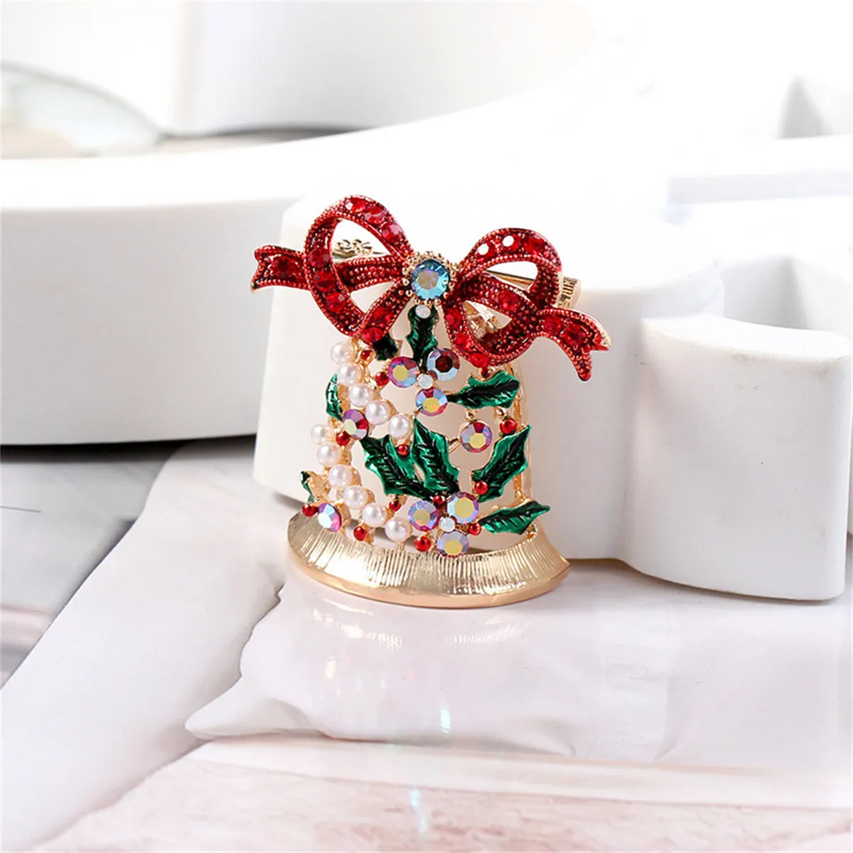 Pearl & Cubic Zirconia 18K Gold-Plated Christmas Bow Bell Brooch